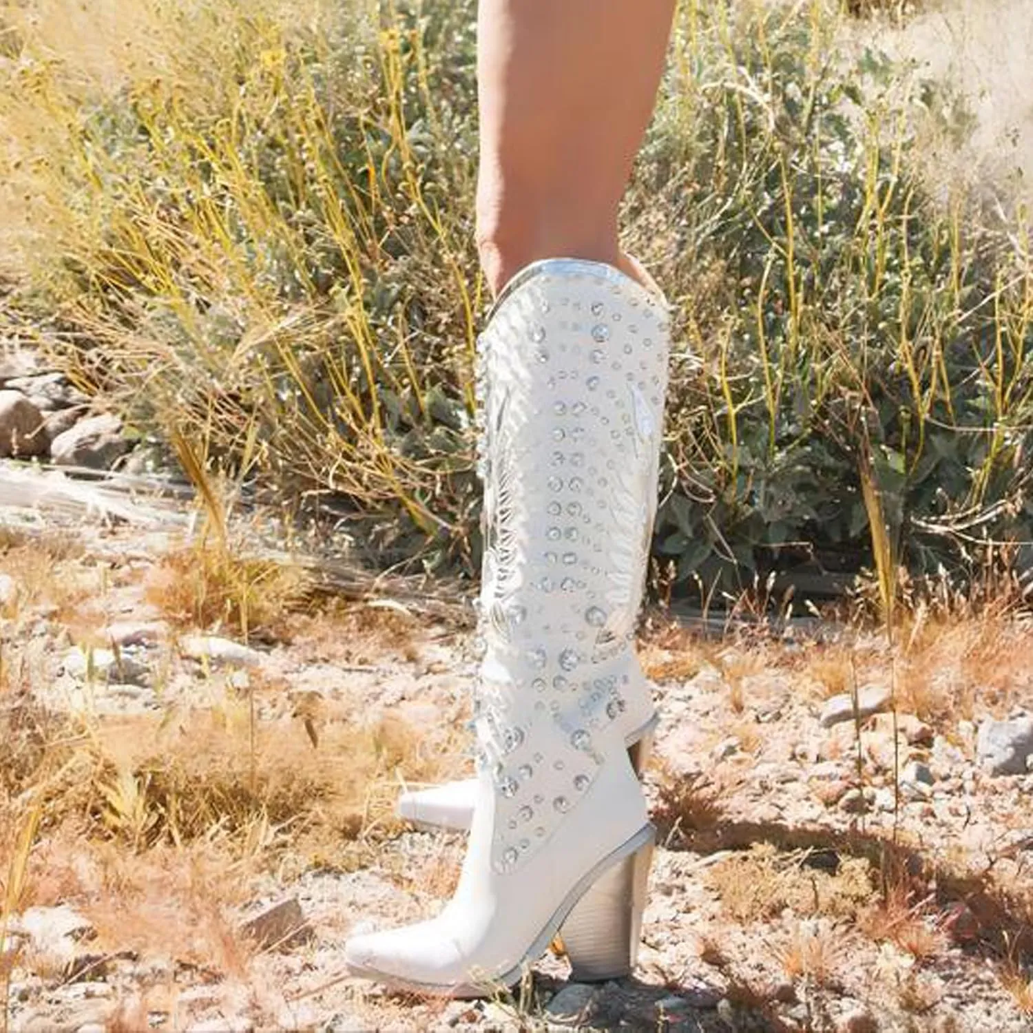 Knee High Cowboy Boots for Women Sizd Zipper Glitter Rhinestone Western Cowgirl Boots Pointed Toe Chunky High Heels Wide Calf Country Concerts Shoes
