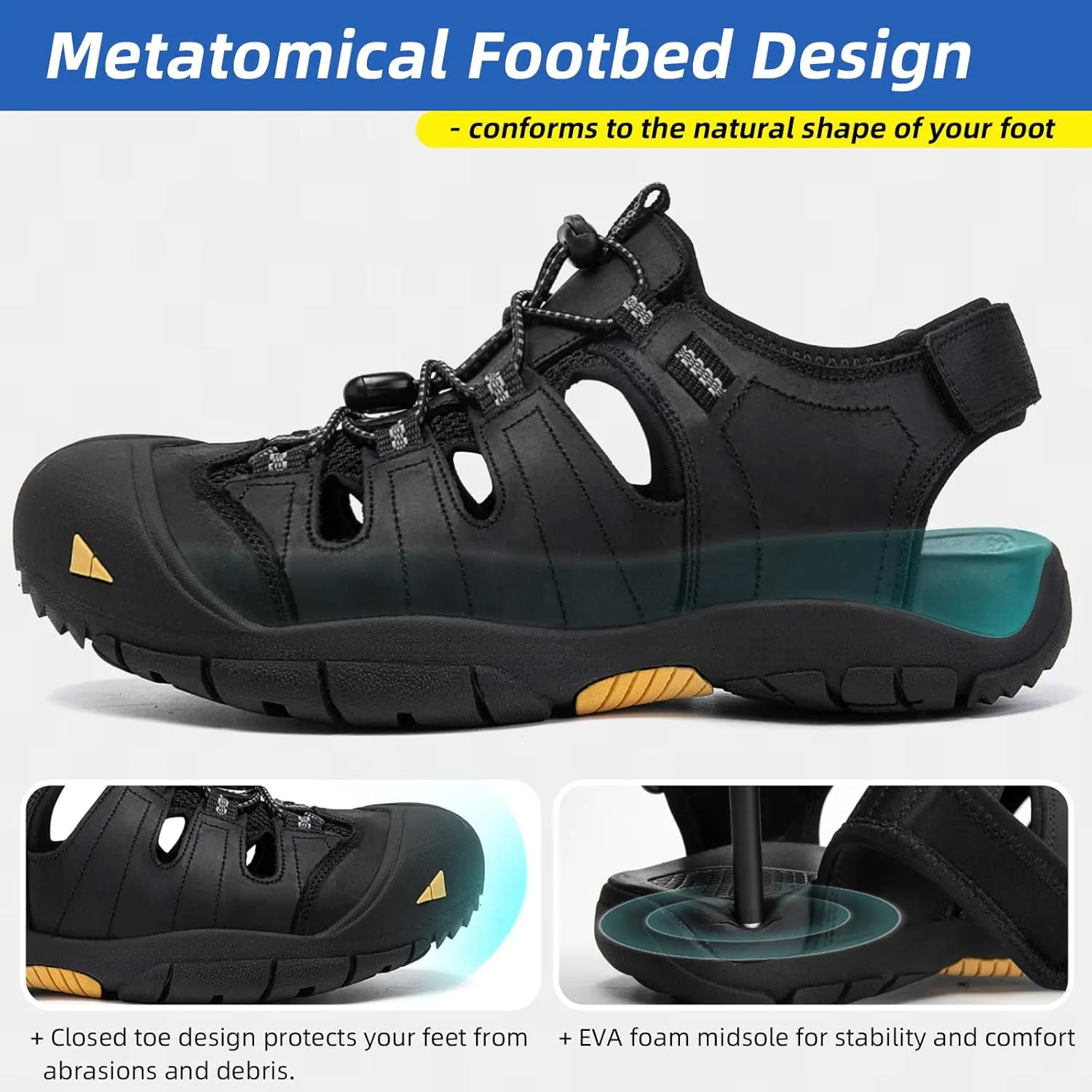 KOIMED Men's Hiking Leather Sandals Closed Toe Water Shoes For Summer Athletic Outdoor Walking Sports Trail River Fishing Wide Adjustable Waterproof Arch Support