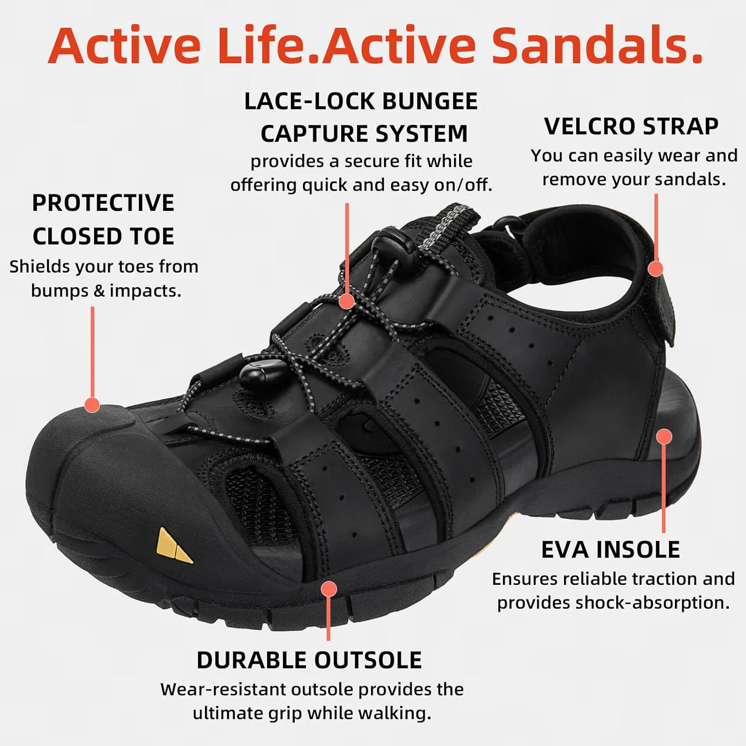 KOIMED Men's Hiking Leather Sandals Closed Toe Water Shoes For Summer Athletic Outdoor Walking Sports Trail River Fishing Wide Adjustable Waterproof Arch Support