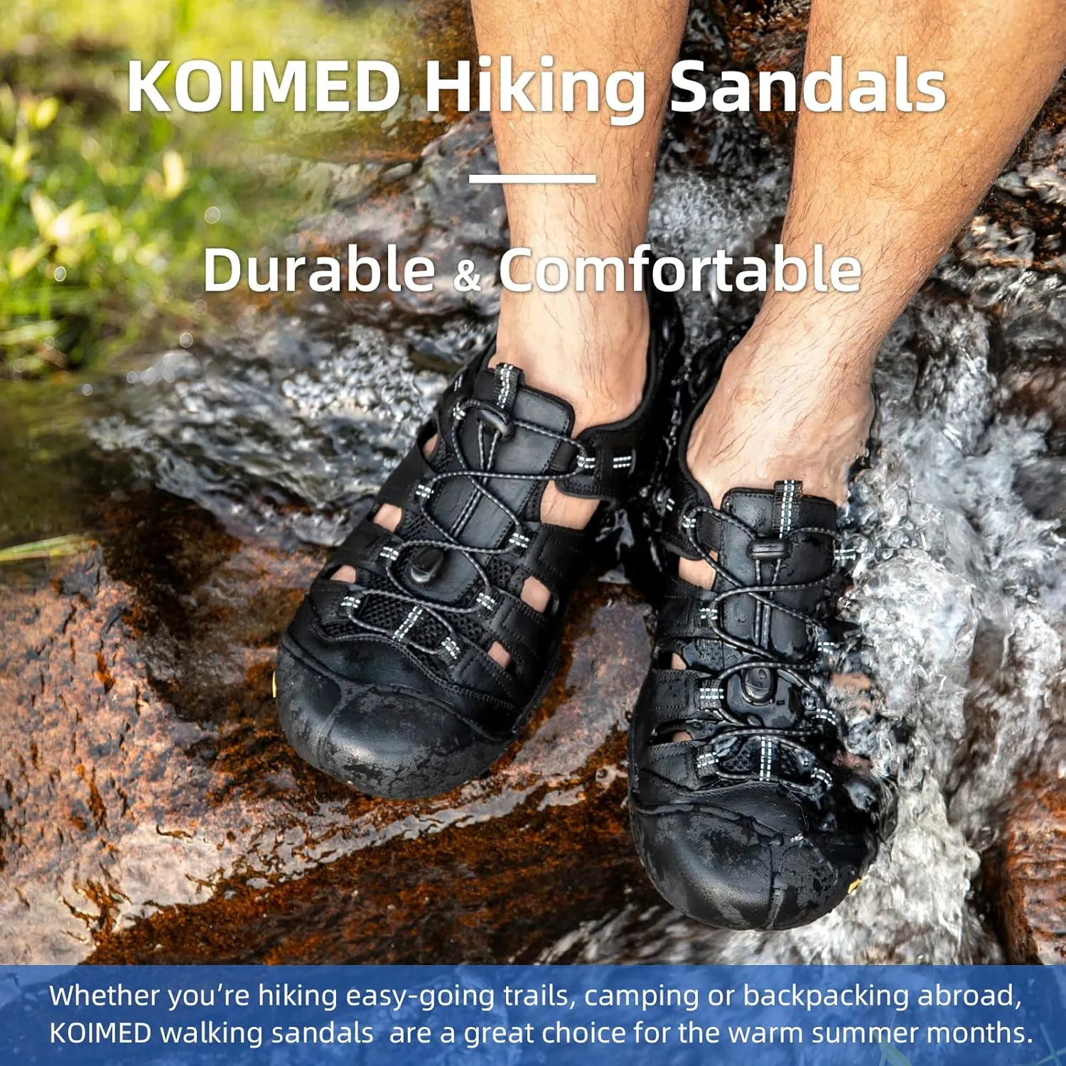 KOIMED Men's Hiking Leather Sandals Closed Toe Water Shoes For Summer Athletic Outdoor Walking Sports Trail River Fishing Wide Adjustable Waterproof Arch Support