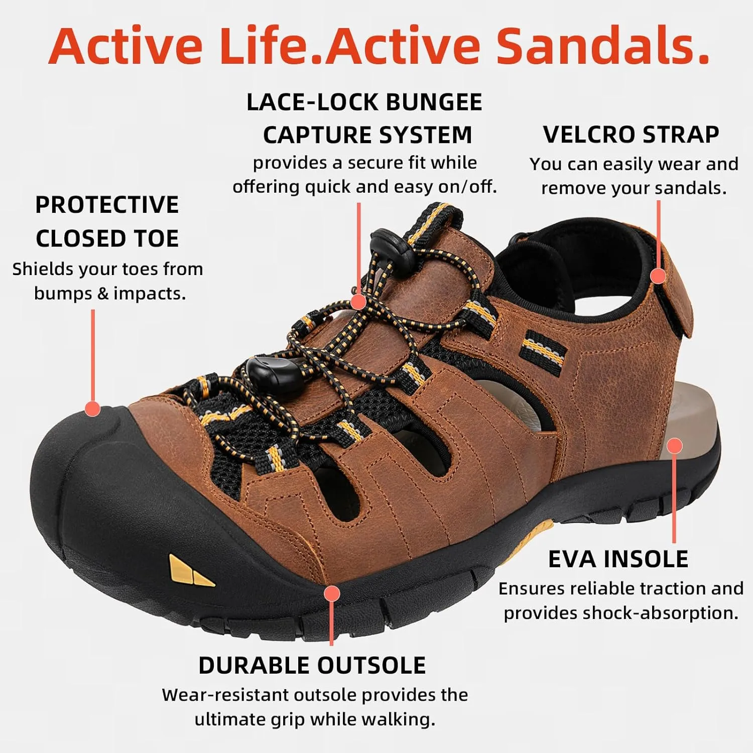 KOIMED Men's Hiking Leather Sandals Closed Toe Water Shoes For Summer Athletic Outdoor Walking Sports Trail River Fishing Wide Adjustable Waterproof Arch Support
