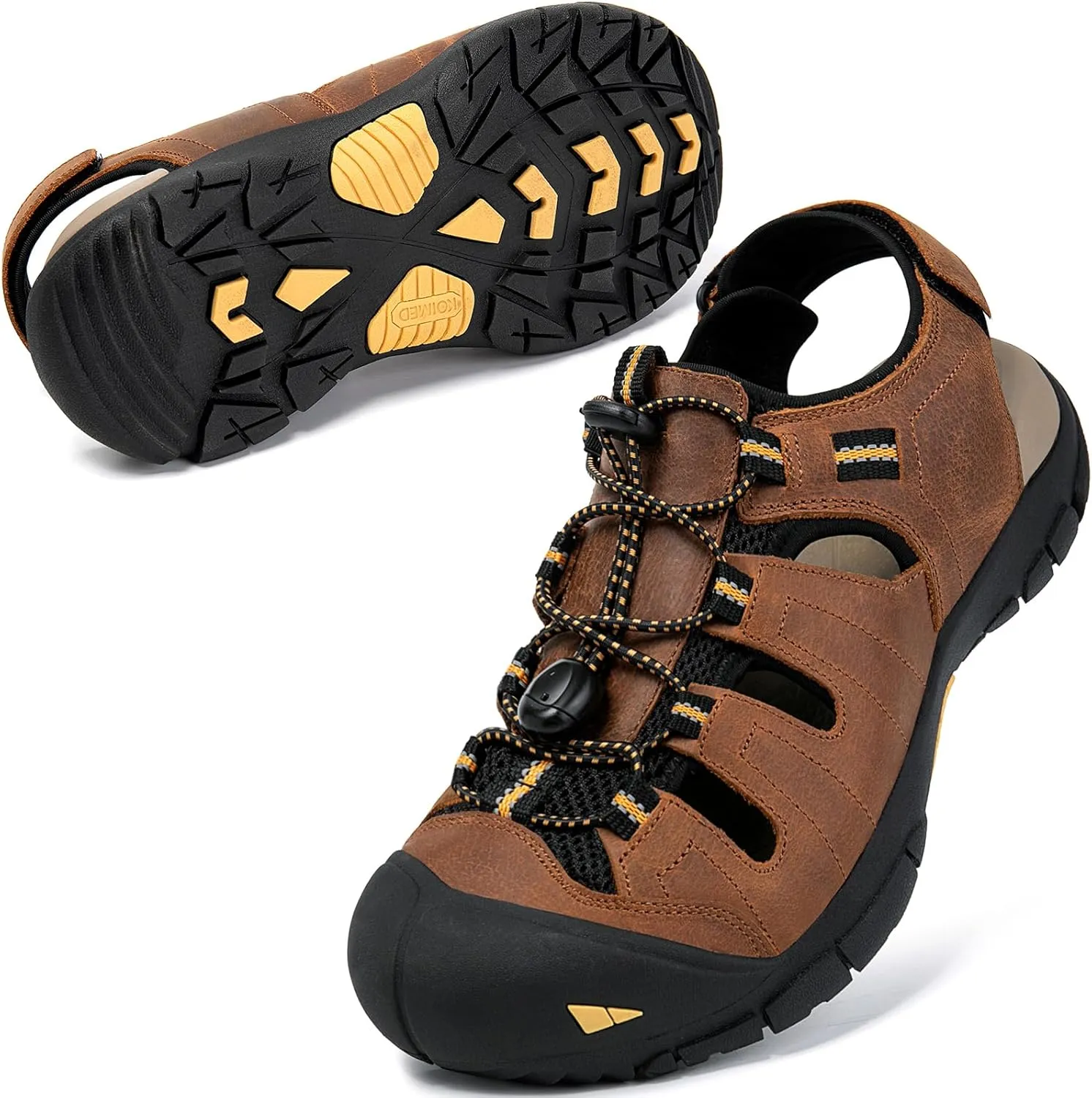 KOIMED Men's Hiking Leather Sandals Closed Toe Water Shoes For Summer Athletic Outdoor Walking Sports Trail River Fishing Wide Adjustable Waterproof Arch Support