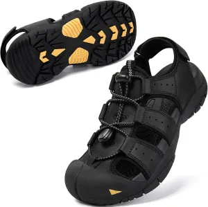 KOIMED Men's Hiking Leather Sandals Closed Toe Water Shoes For Summer Athletic Outdoor Walking Sports Trail River Fishing Wide Adjustable Waterproof Arch Support