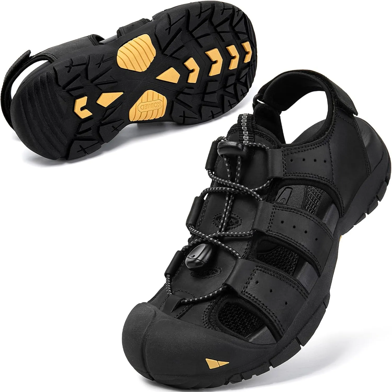 KOIMED Men's Hiking Leather Sandals Closed Toe Water Shoes For Summer Athletic Outdoor Walking Sports Trail River Fishing Wide Adjustable Waterproof Arch Support