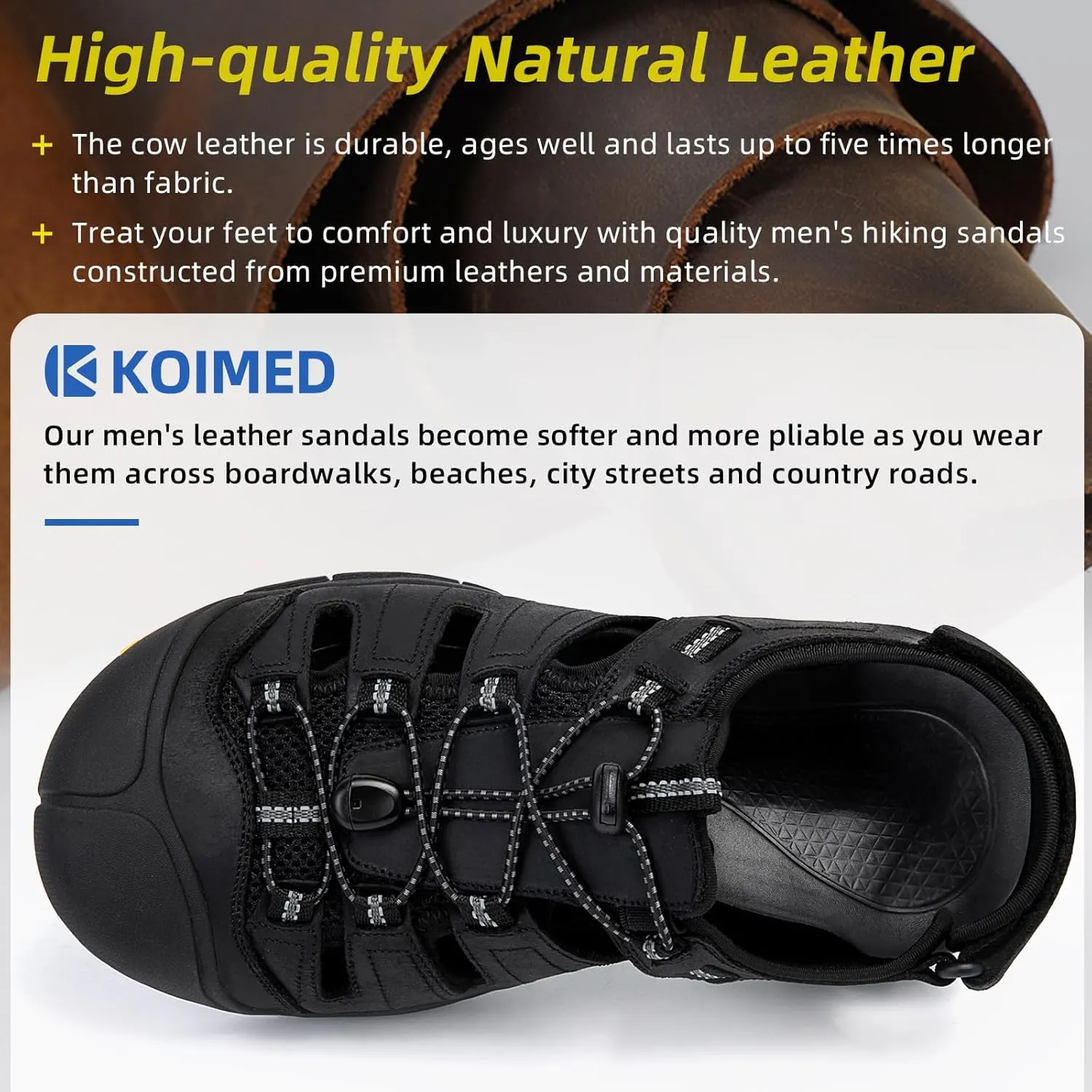 KOIMED Men's Hiking Leather Sandals Closed Toe Water Shoes For Summer Athletic Outdoor Walking Sports Trail River Fishing Wide Adjustable Waterproof Arch Support