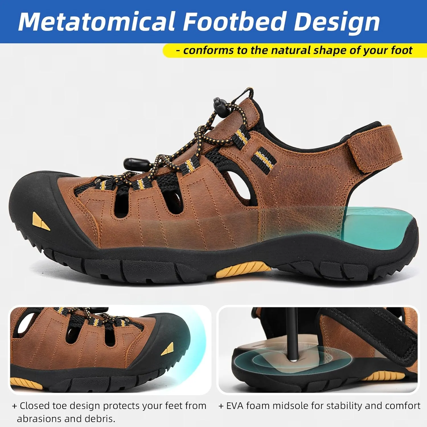 KOIMED Men's Hiking Leather Sandals Closed Toe Water Shoes For Summer Athletic Outdoor Walking Sports Trail River Fishing Wide Adjustable Waterproof Arch Support