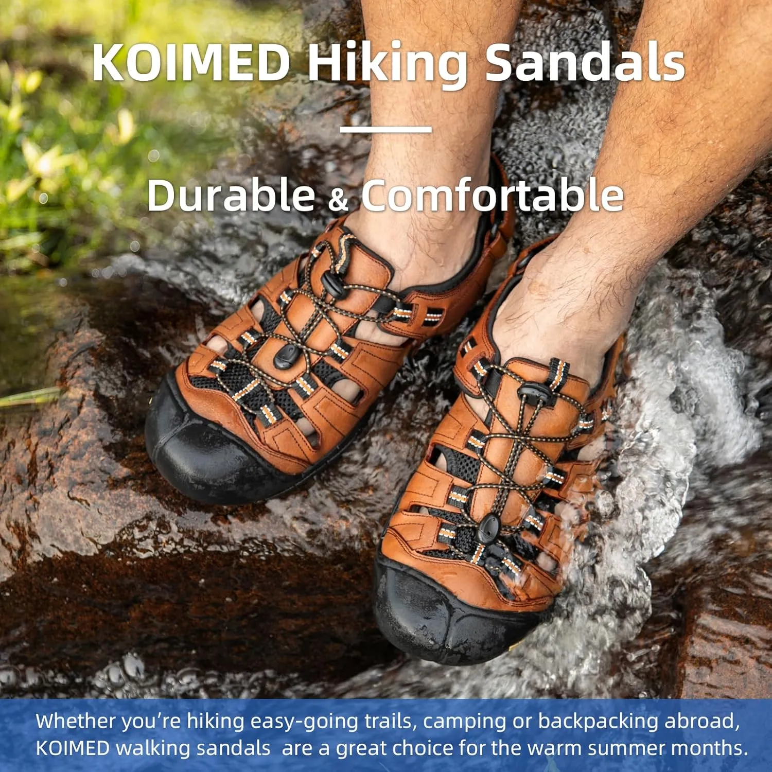 KOIMED Men's Hiking Leather Sandals Closed Toe Water Shoes For Summer Athletic Outdoor Walking Sports Trail River Fishing Wide Adjustable Waterproof Arch Support