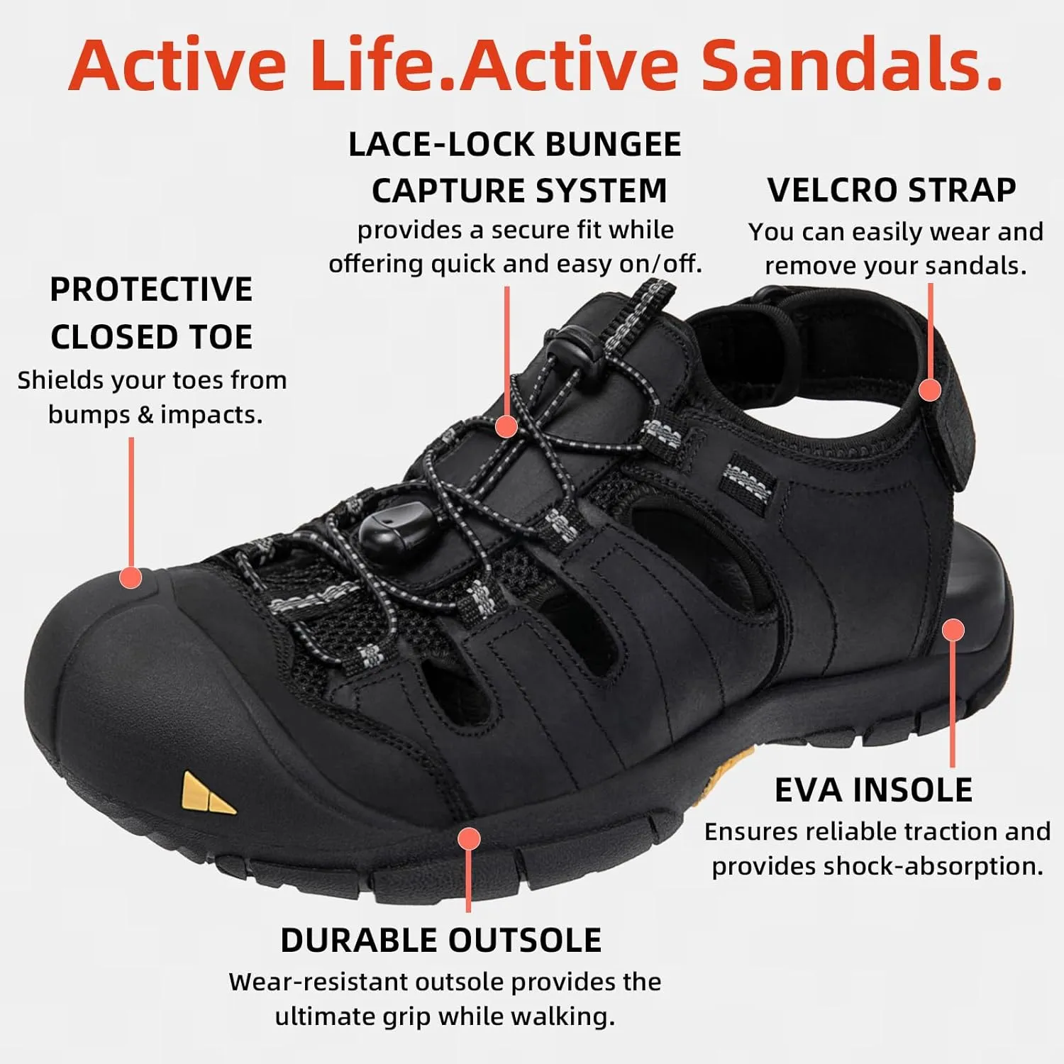 KOIMED Men's Hiking Leather Sandals Closed Toe Water Shoes For Summer Athletic Outdoor Walking Sports Trail River Fishing Wide Adjustable Waterproof Arch Support