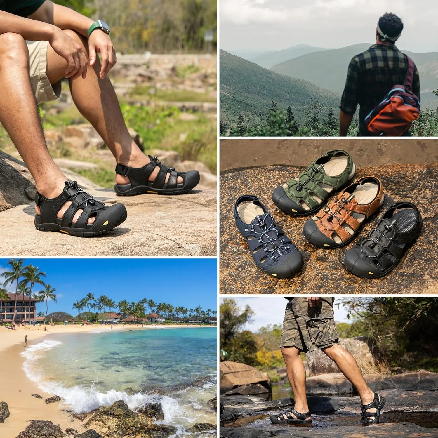 KOIMED Men's Hiking Leather Sandals Closed Toe Water Shoes For Summer Athletic Outdoor Walking Sports Trail River Fishing Wide Adjustable Waterproof Arch Support