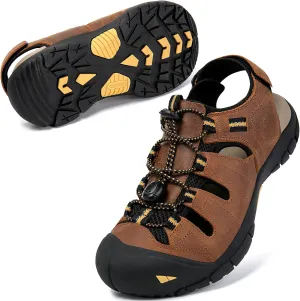 KOIMED Men's Hiking Leather Sandals Closed Toe Water Shoes For Summer Athletic Outdoor Walking Sports Trail River Fishing Wide Adjustable Waterproof Arch Support