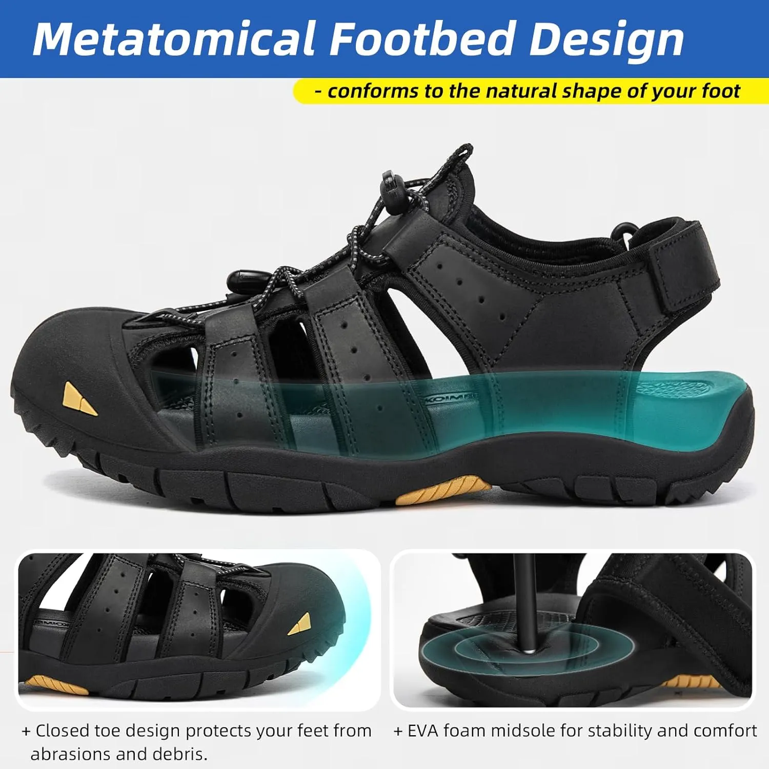 KOIMED Men's Hiking Leather Sandals Closed Toe Water Shoes For Summer Athletic Outdoor Walking Sports Trail River Fishing Wide Adjustable Waterproof Arch Support