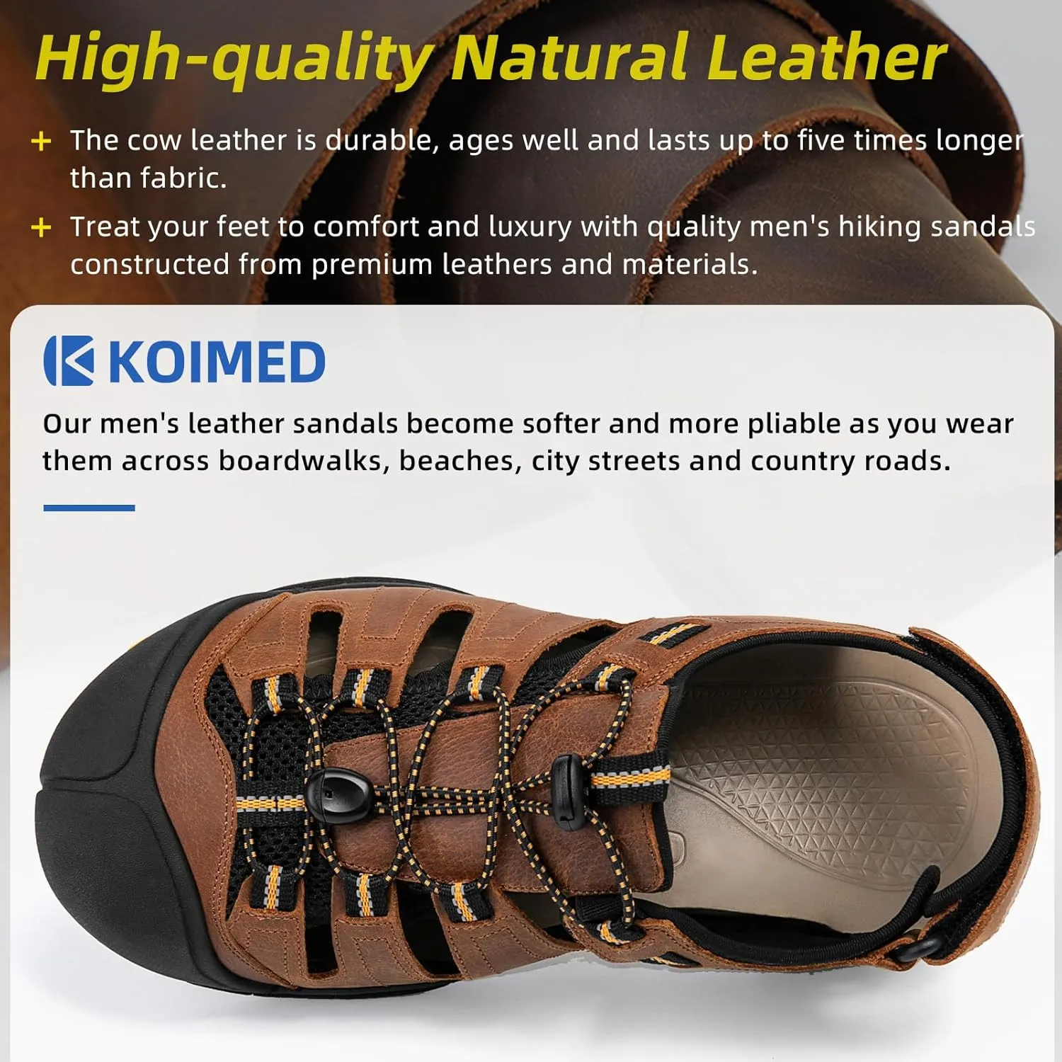 KOIMED Men's Hiking Leather Sandals Closed Toe Water Shoes For Summer Athletic Outdoor Walking Sports Trail River Fishing Wide Adjustable Waterproof Arch Support