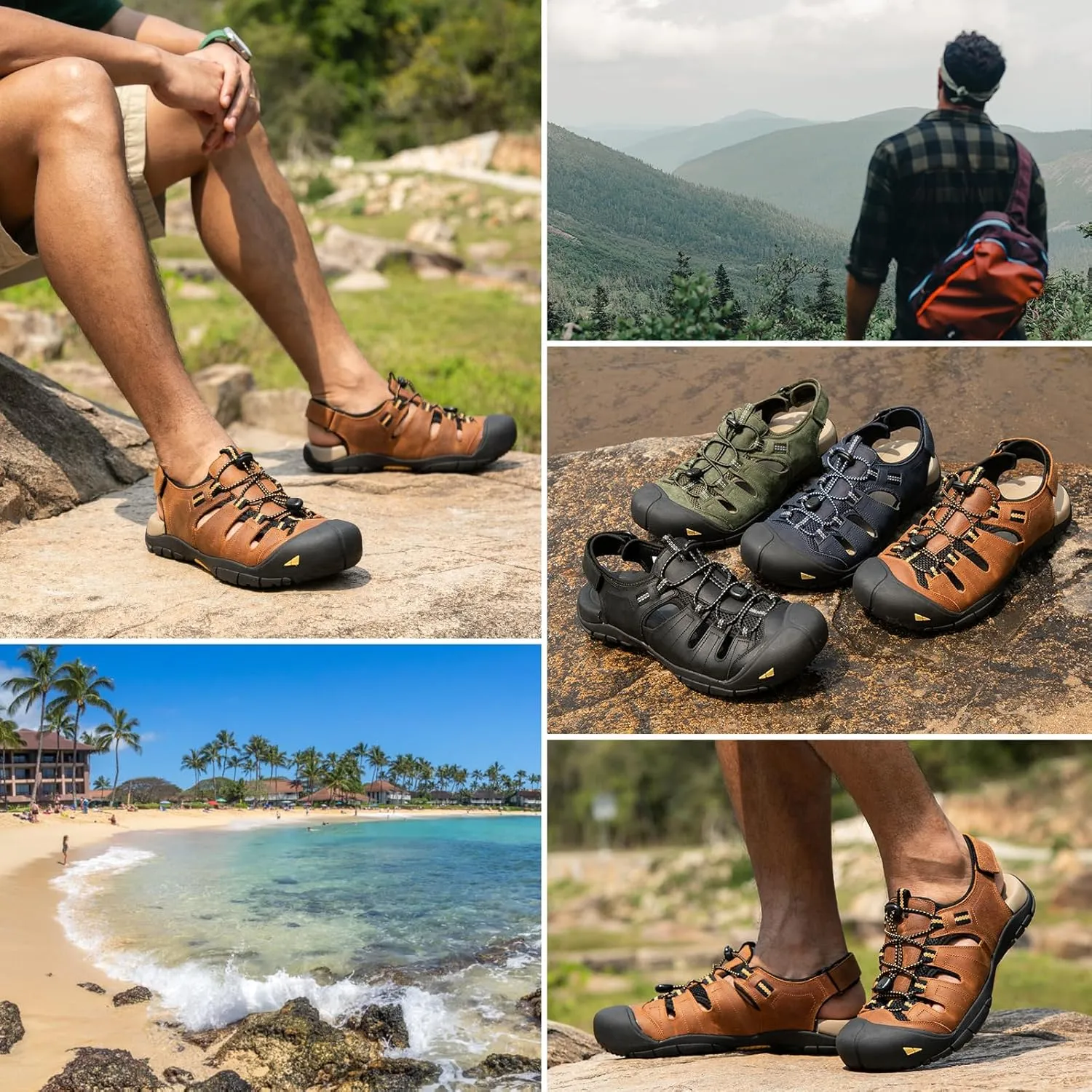 KOIMED Men's Hiking Leather Sandals Closed Toe Water Shoes For Summer Athletic Outdoor Walking Sports Trail River Fishing Wide Adjustable Waterproof Arch Support