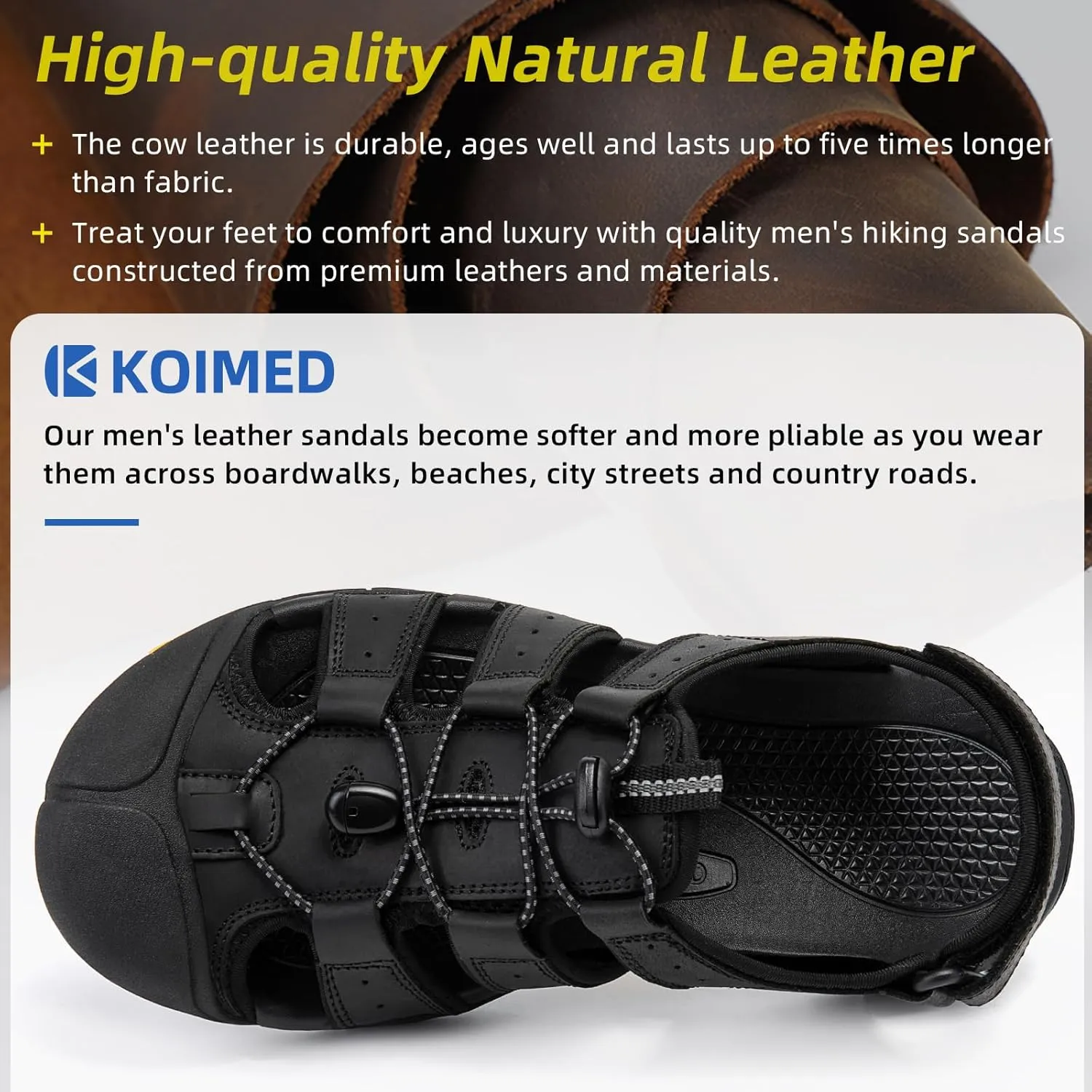 KOIMED Men's Hiking Leather Sandals Closed Toe Water Shoes For Summer Athletic Outdoor Walking Sports Trail River Fishing Wide Adjustable Waterproof Arch Support