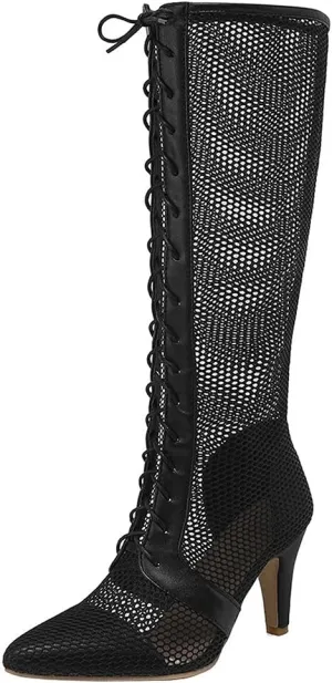 KOKOMOMO Womens Mesh Cutout Summer Knee High Boots Lace Up High Heel Pointed Toe Sandals