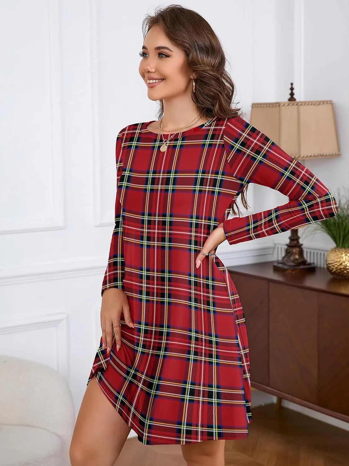 KORSIS Women Long Sleeve Tops T-Shirt Dress Round Neck Casual A-Line Loose Vocation Fall Winter Dress with Pockets