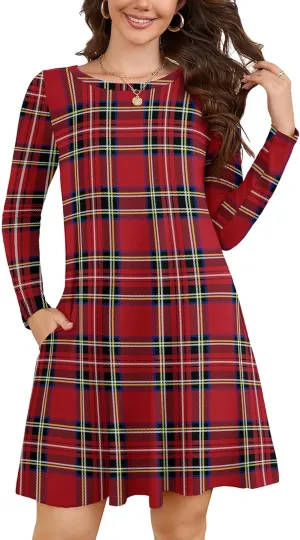KORSIS Women Long Sleeve Tops T-Shirt Dress Round Neck Casual A-Line Loose Vocation Fall Winter Dress with Pockets