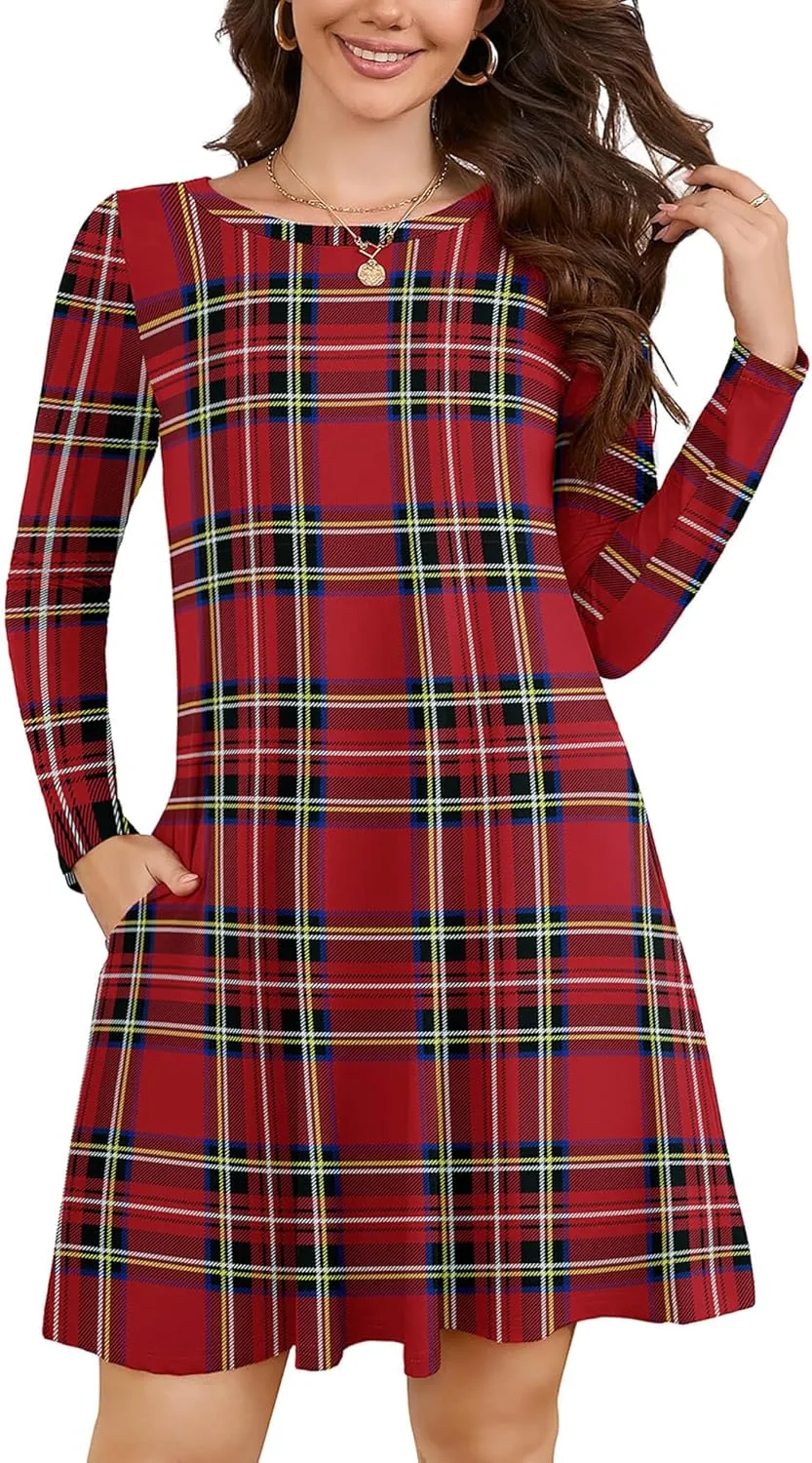 KORSIS Women Long Sleeve Tops T-Shirt Dress Round Neck Casual A-Line Loose Vocation Fall Winter Dress with Pockets