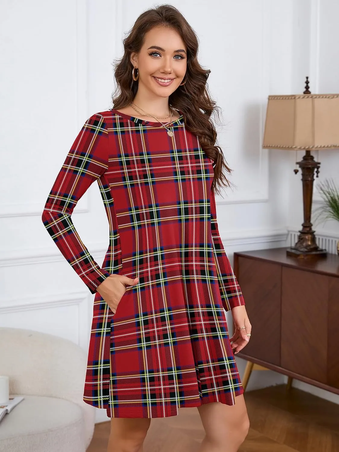 KORSIS Women Long Sleeve Tops T-Shirt Dress Round Neck Casual A-Line Loose Vocation Fall Winter Dress with Pockets