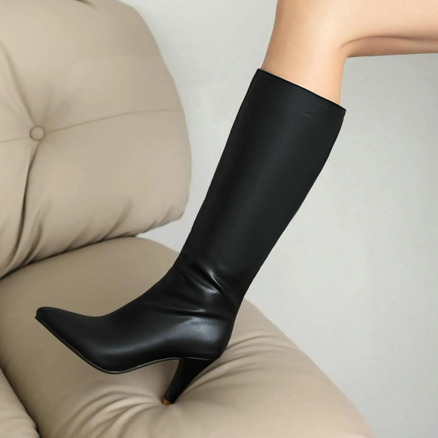 KysBloes Kitten Heel Knee High Pointed Toe Boots for Women High Heel Long Boots with Zipper,Metallic Knee High Boots