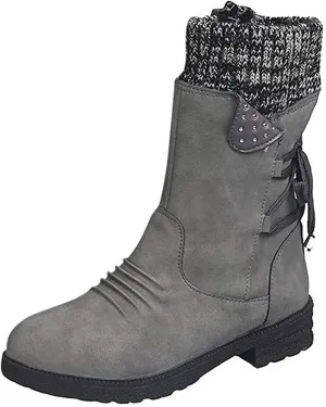Ladmiple Ankle Boots Women Comfort Mid-calf Combat Military Winter Boot Side Zipper Low Heel Motorcycle Riding Biker Western Booties