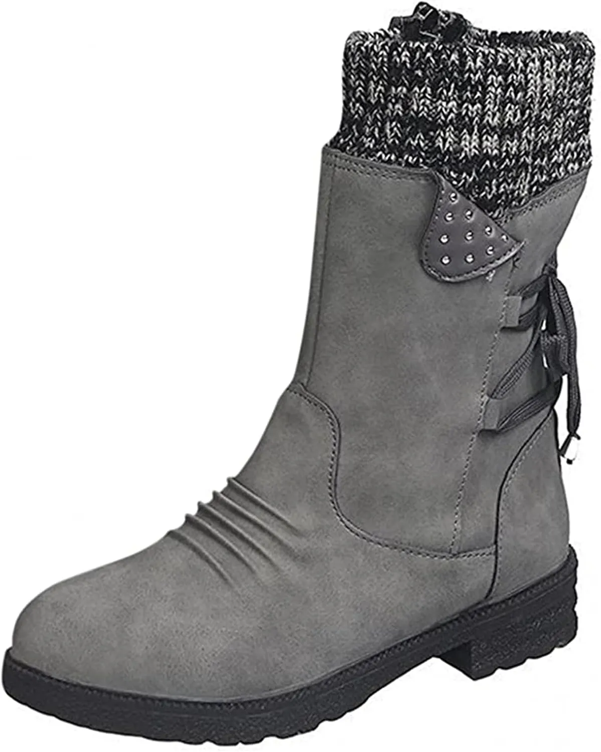 Ladmiple Ankle Boots Women Comfort Mid-calf Combat Military Winter Boot Side Zipper Low Heel Motorcycle Riding Biker Western Booties
