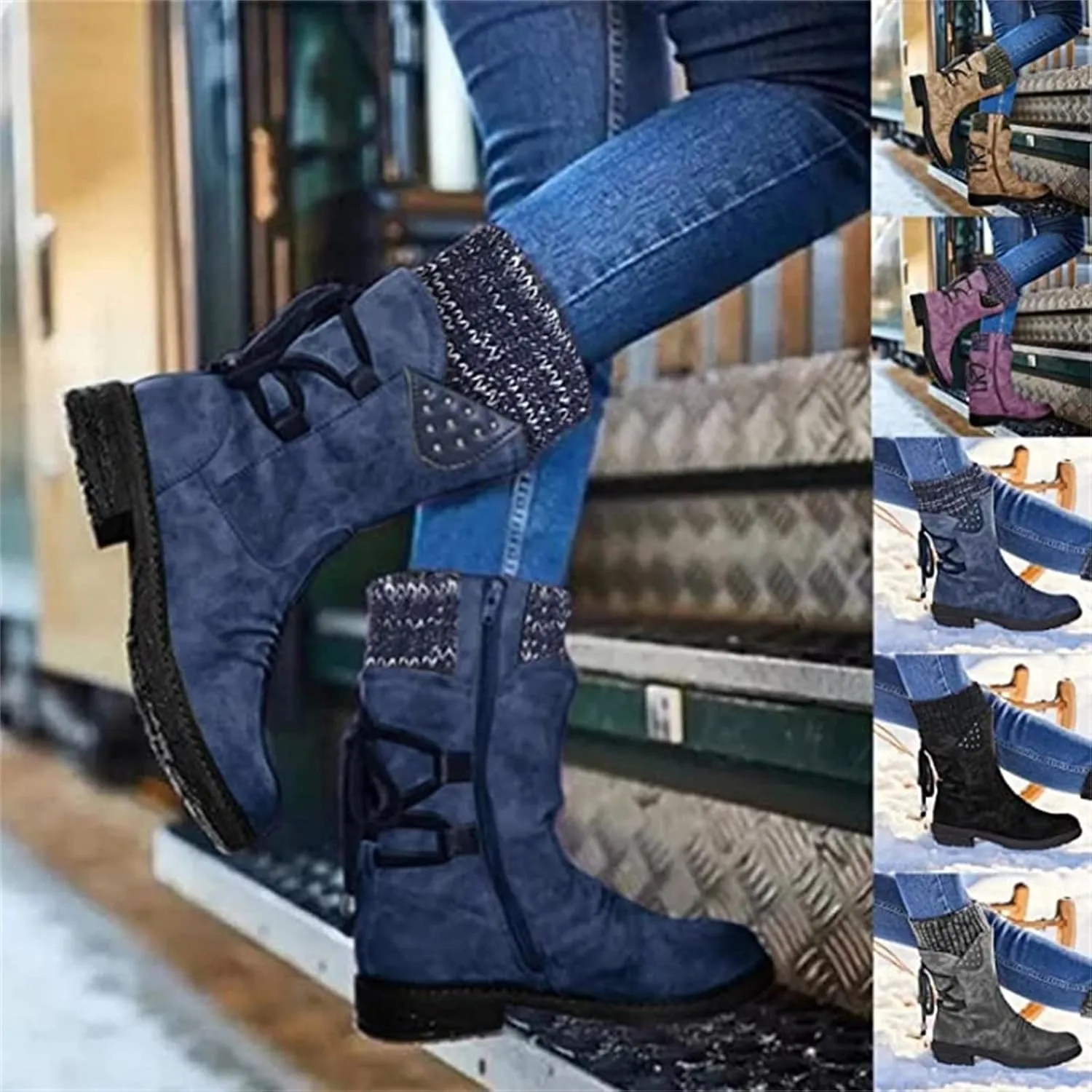 Ladmiple Ankle Boots Women Comfort Mid-calf Combat Military Winter Boot Side Zipper Low Heel Motorcycle Riding Biker Western Booties