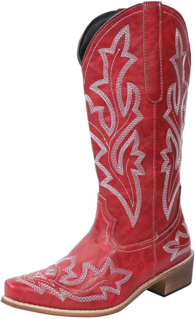 Ladmiple Cowboy Boots For Women Wide Calf Knee High Embroidered Pull On Cowgirl Boots Chunky Heel Western Mid Calf Boots