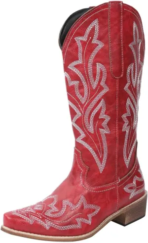 Ladmiple Cowboy Boots For Women Wide Calf Knee High Embroidered Pull On Cowgirl Boots Chunky Heel Western Mid Calf Boots