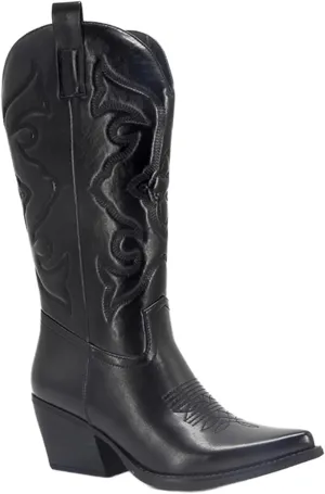 Ladmiple Cowboy Boots For Women Wide Calf Knee High Embroidered Western Chunky Heel Fashion Retro Classic Boot Pull-On