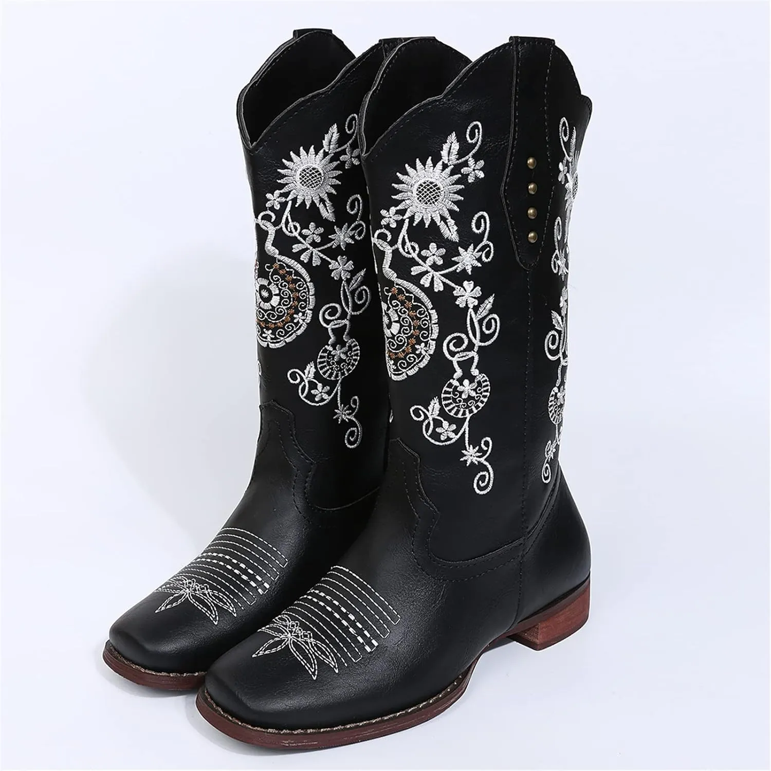 Ladmiple Cowboy Boots For Women Wide Calf Low Heel Knee High Seam Block Heel Pointed Toe Fashion Cowgirl Boots Slip-On