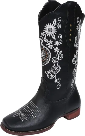 Ladmiple Cowboy Boots For Women Wide Calf Low Heel Knee High Seam Block Heel Pointed Toe Fashion Cowgirl Boots Slip-On
