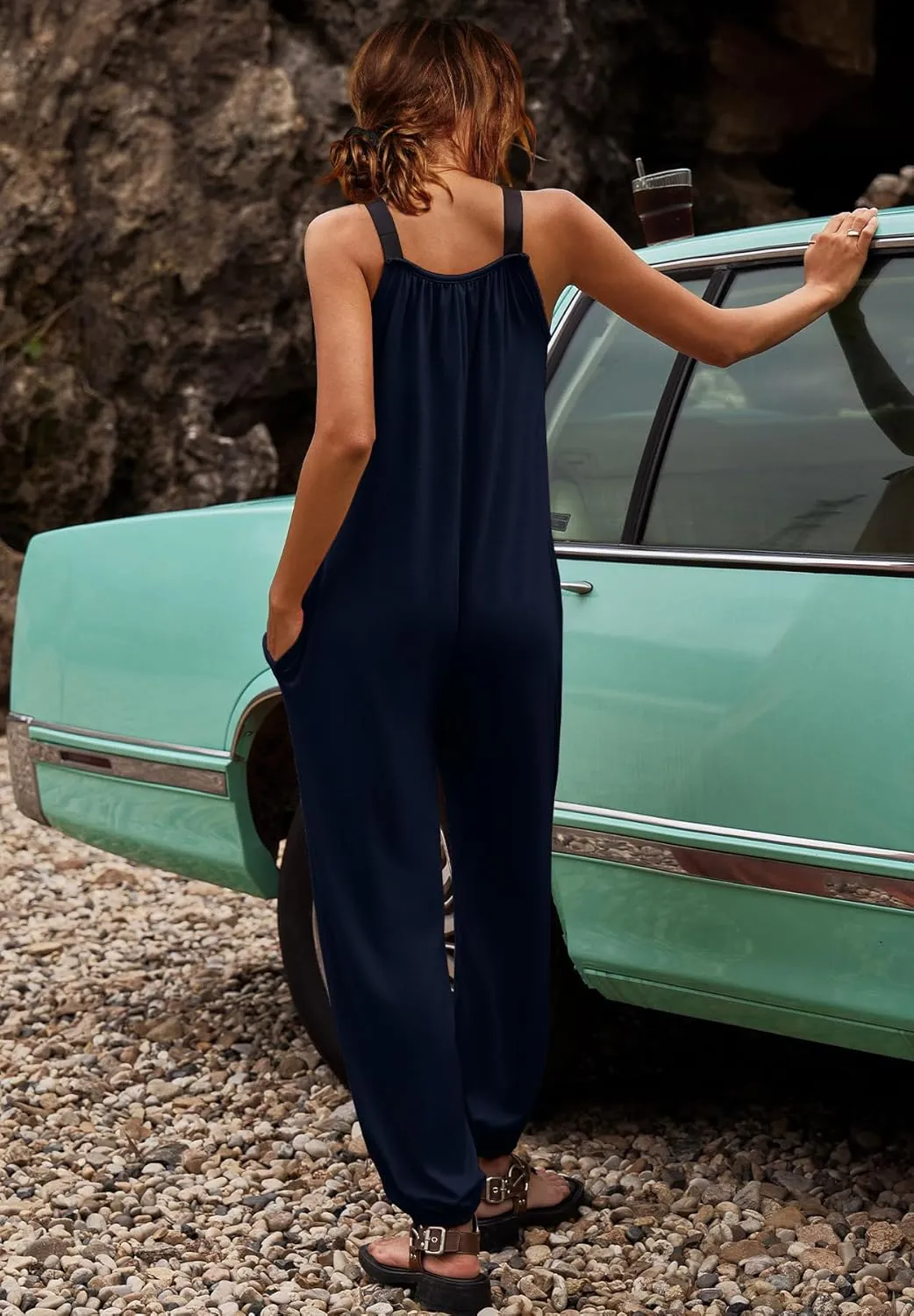 LAMISSCHE Wonens Plus Size Overalls Spaghetti Strap Baggy Romper Harem Wide Leg Jumpsuit With Pockets