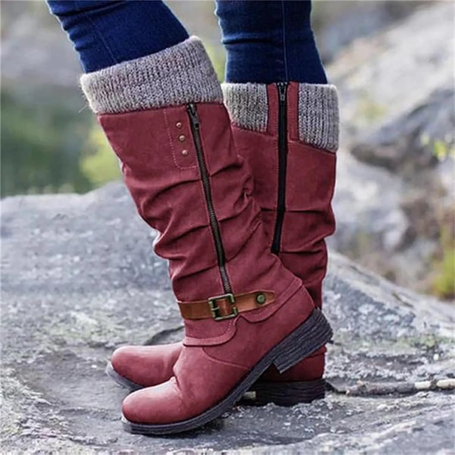 Lausiuoe Womens Boots Knee High Wide Calf Cowboy Boots Pull-On Chunky Heel Cowgirl Western Fashion Retro Classic Booties