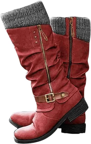 Lausiuoe Womens Boots Knee High Wide Calf Cowboy Boots Pull-On Chunky Heel Cowgirl Western Fashion Retro Classic Booties
