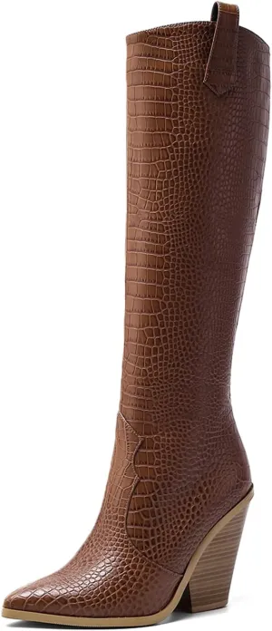 LEHOOR Women Western Knee High Boots Chunky Heel Pointed Toe Crocodile Cowboy Long Boots Side Zipper Sexy 4 Inch Stacked High Heel Tall Boots Cowgirl Mid Calf Animal Print Vintage Party 4-13 M US