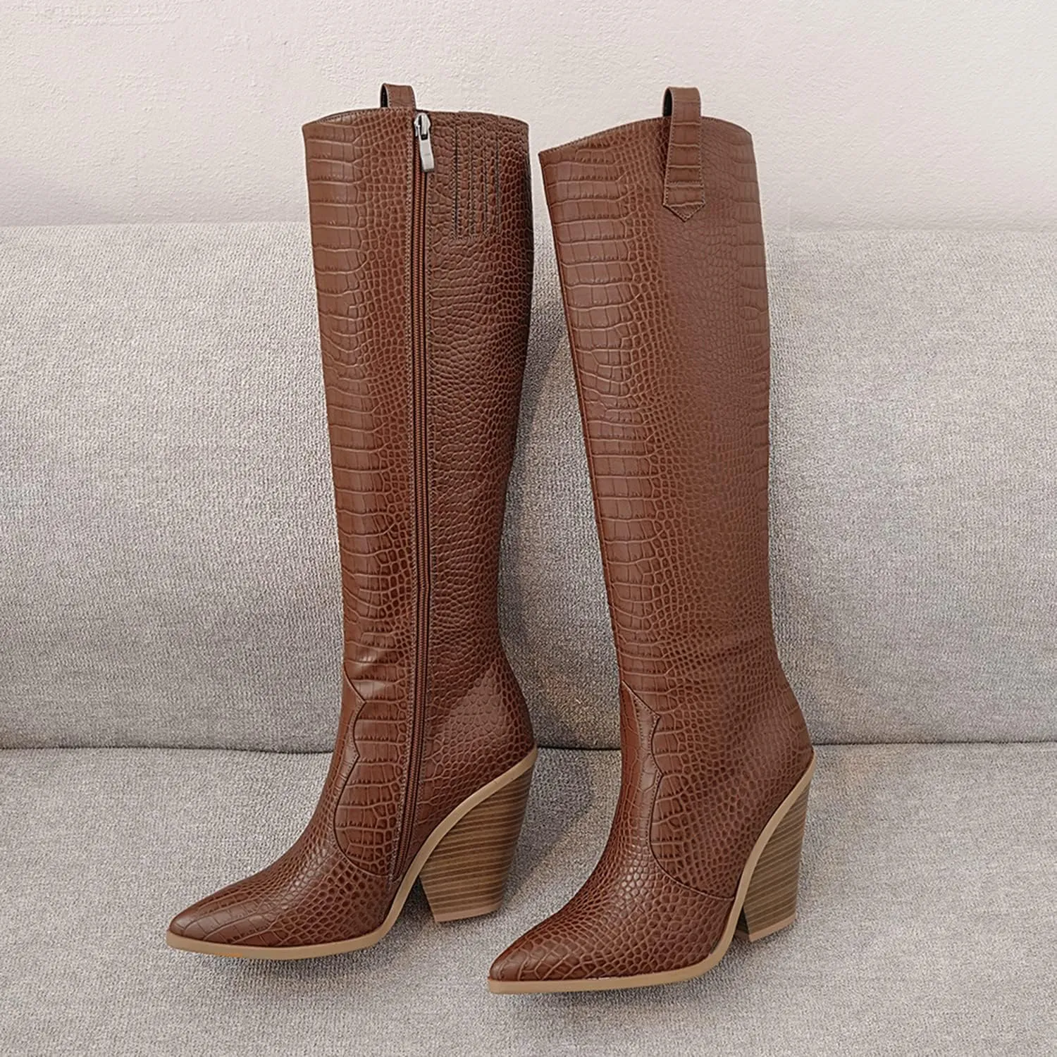 LEHOOR Women Western Knee High Boots Chunky Heel Pointed Toe Crocodile Cowboy Long Boots Side Zipper Sexy 4 Inch Stacked High Heel Tall Boots Cowgirl Mid Calf Animal Print Vintage Party 4-13 M US