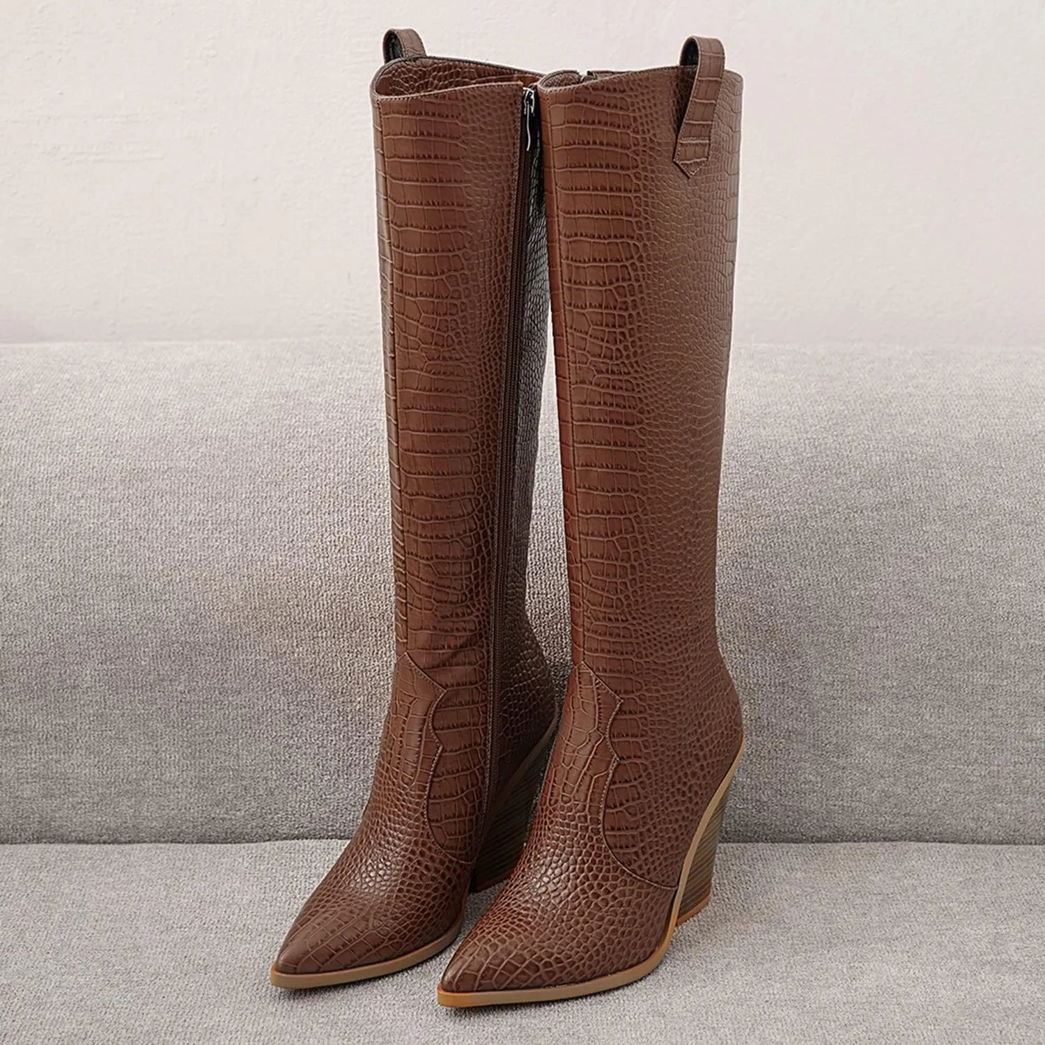 LEHOOR Women Western Knee High Boots Chunky Heel Pointed Toe Crocodile Cowboy Long Boots Side Zipper Sexy 4 Inch Stacked High Heel Tall Boots Cowgirl Mid Calf Animal Print Vintage Party 4-13 M US