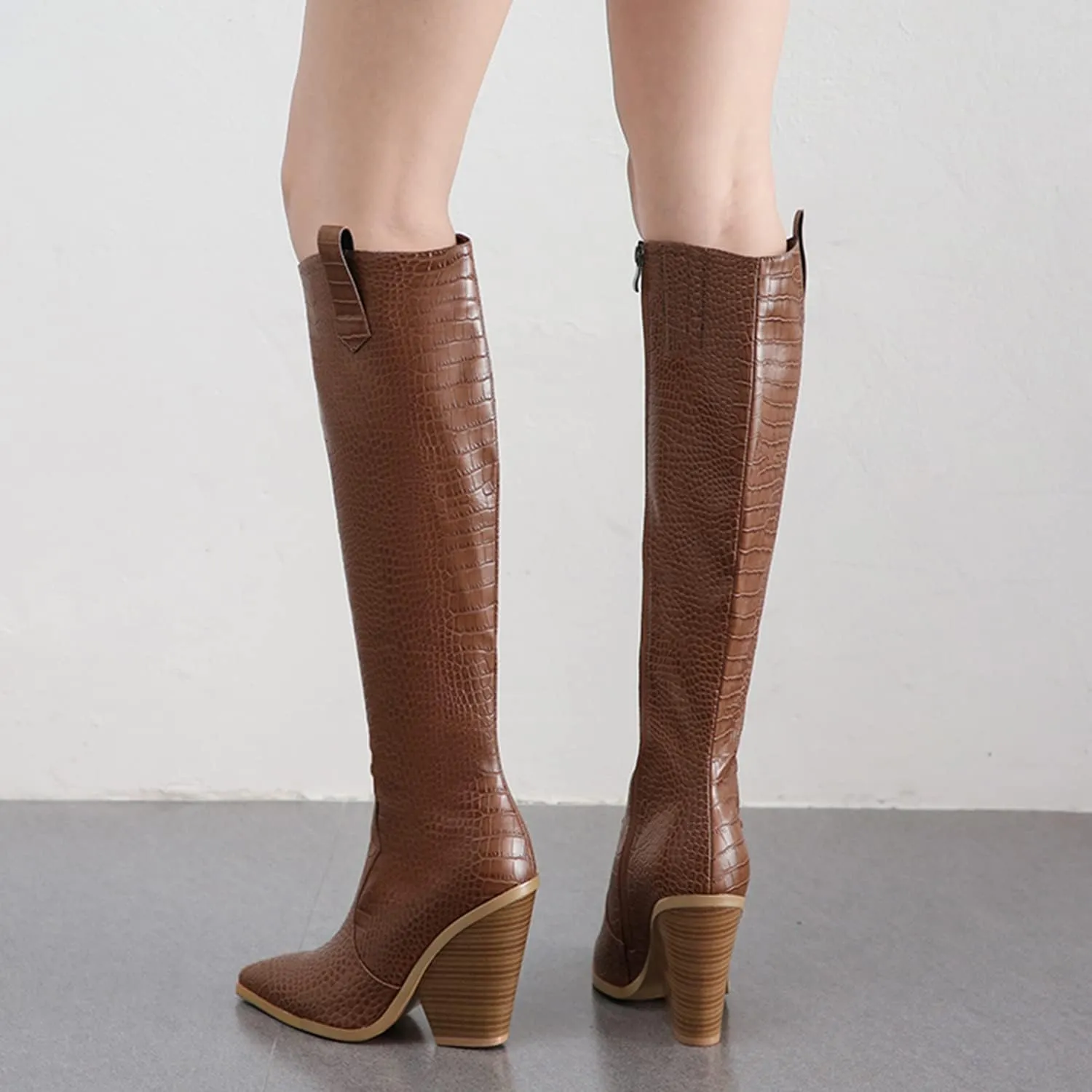 LEHOOR Women Western Knee High Boots Chunky Heel Pointed Toe Crocodile Cowboy Long Boots Side Zipper Sexy 4 Inch Stacked High Heel Tall Boots Cowgirl Mid Calf Animal Print Vintage Party 4-13 M US