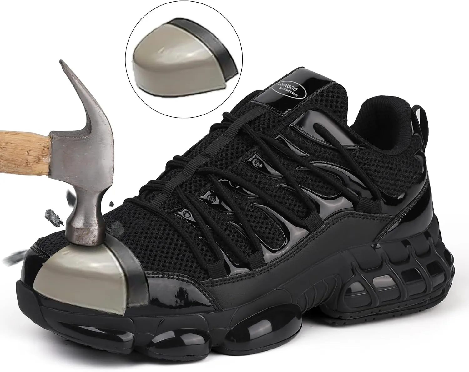 LIANGGO Steel Toe Shoes for Men Women Composite Toe Safety Work Non Slip Industrial Air Cushion Tennis Sneakers Black