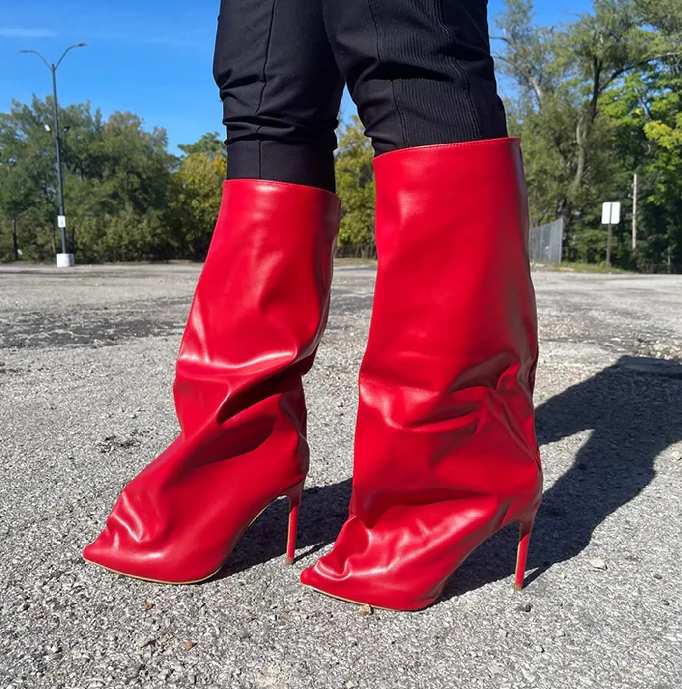 Liliana Fold Over Boots For Women Shark Toe Knee High Boots Pointed Toe Stiletto Heel Knee High Boots Slouchy Boots