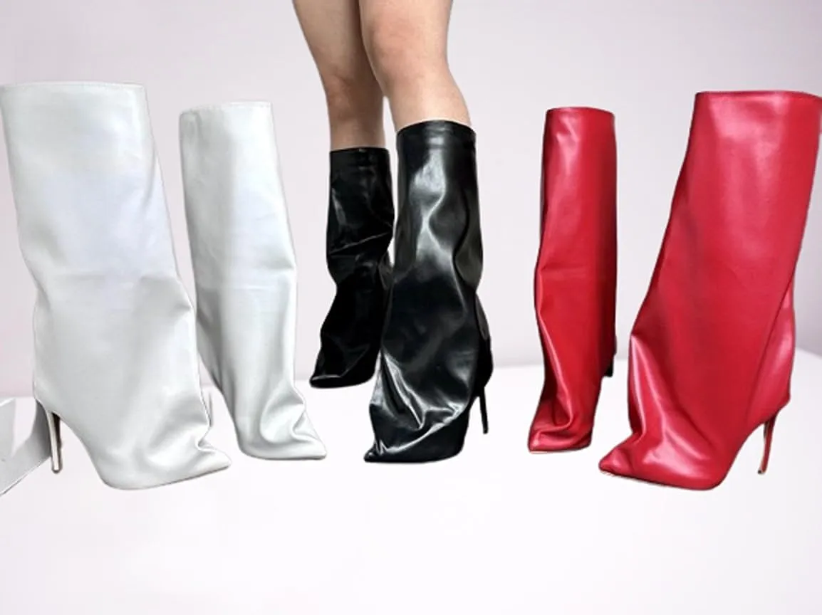 Liliana Fold Over Boots For Women Shark Toe Knee High Boots Pointed Toe Stiletto Heel Knee High Boots Slouchy Boots