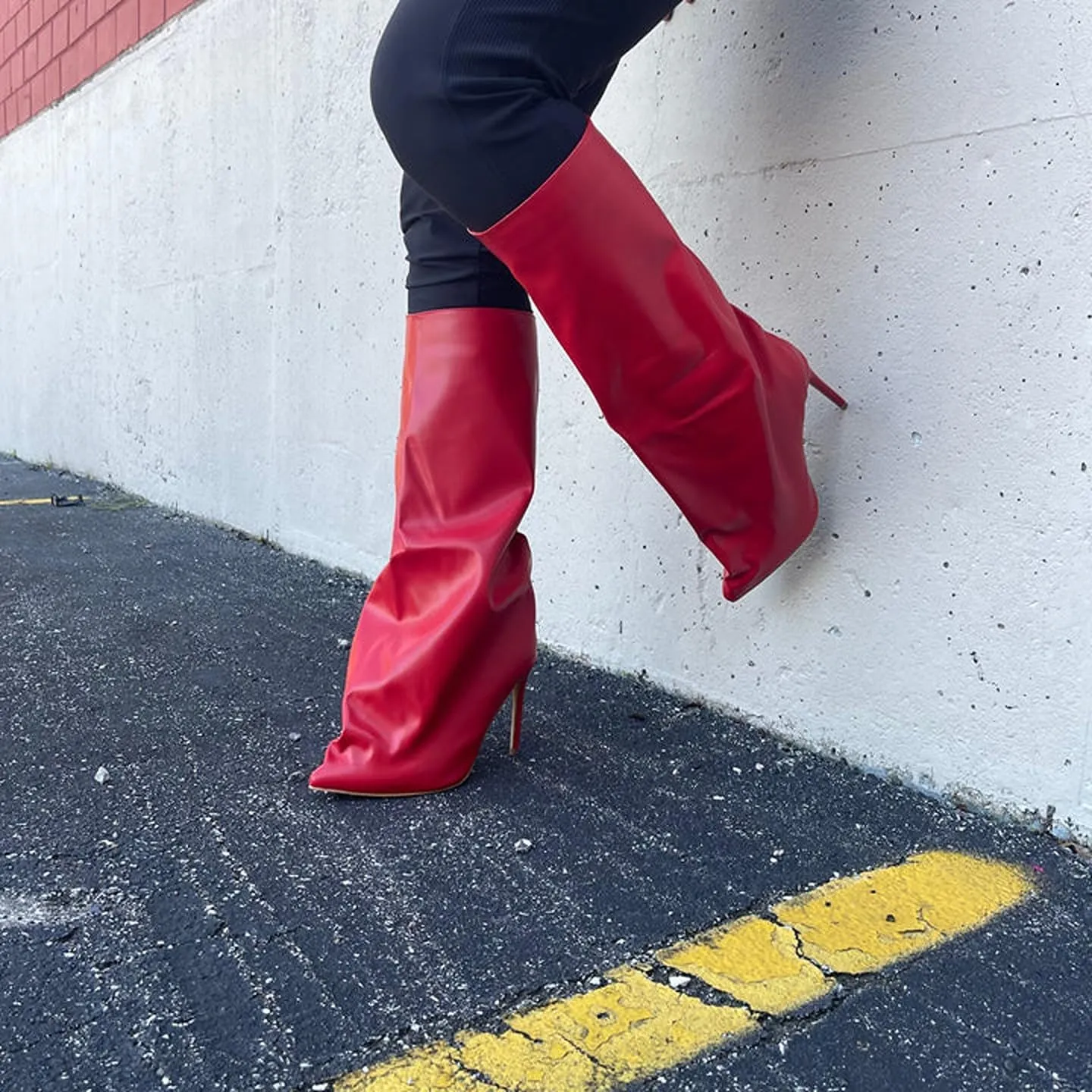 Liliana Fold Over Boots For Women Shark Toe Knee High Boots Pointed Toe Stiletto Heel Knee High Boots Slouchy Boots