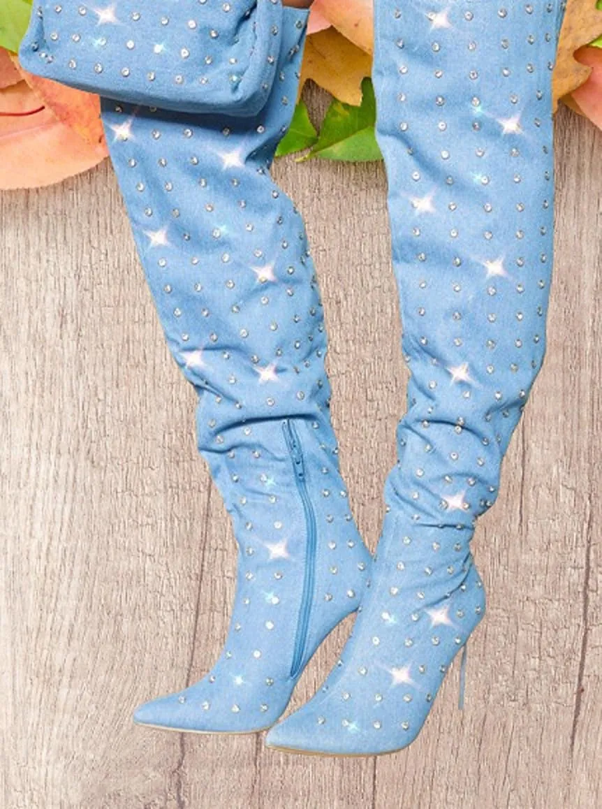 Liliana Women Rhinestone Stiletto Heel Over the Knee Thigh High Fashion Boots