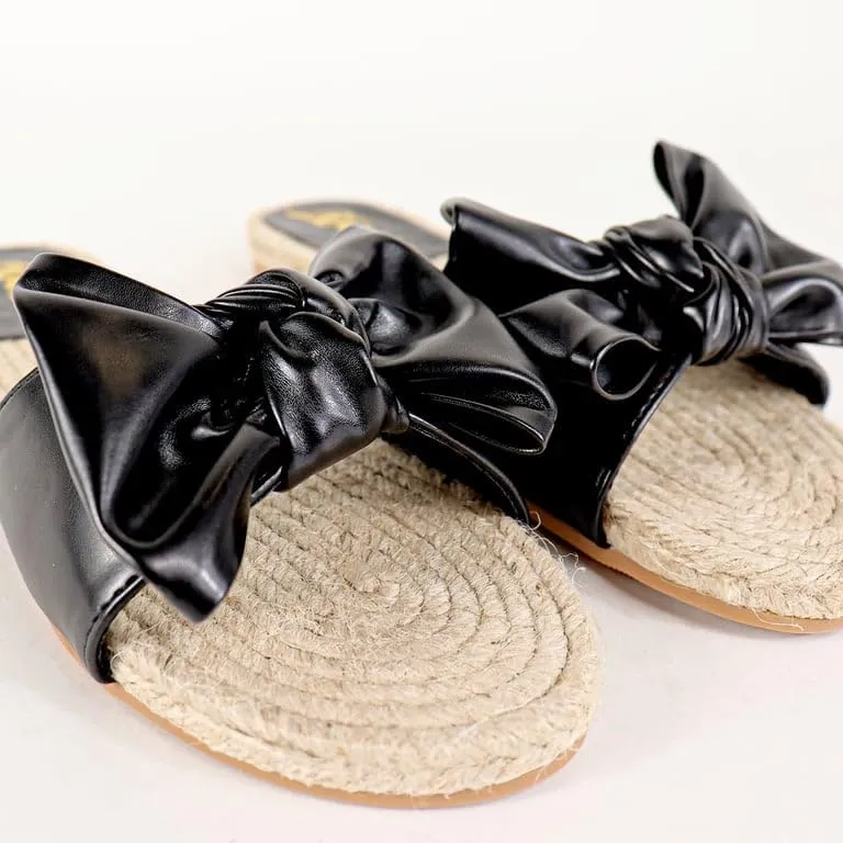 Liliana Women's Fashionable Espadrille Slider with Single Bow Detail Slip-On Sandal - Summer Comfortable Flat Casual Beach Footwear, AILEEN-3
