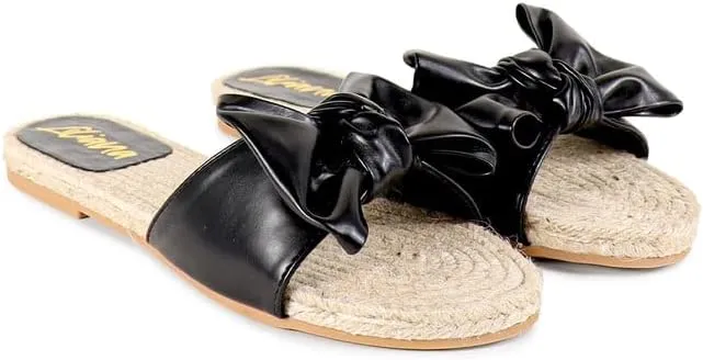 Liliana Women's Fashionable Espadrille Slider with Single Bow Detail Slip-On Sandal - Summer Comfortable Flat Casual Beach Footwear, AILEEN-3