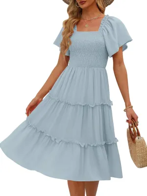 LILLUSORY Women's Summer Casual Flutter Sleeve Square Neck Smocked Midi Dress