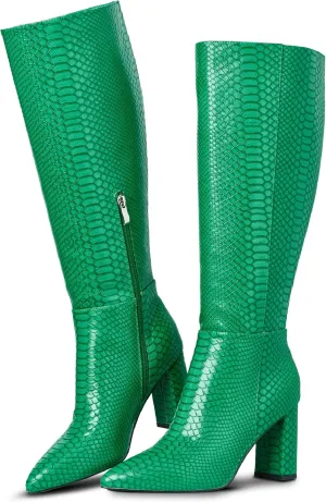 LinnOaks Womens Knee High Boots Round Toe Snake Skin Chunky High Heel Crocodile Slip On Fashion Go Go Boots PU Leather Comfy Casual Party Dress Combat Shoes