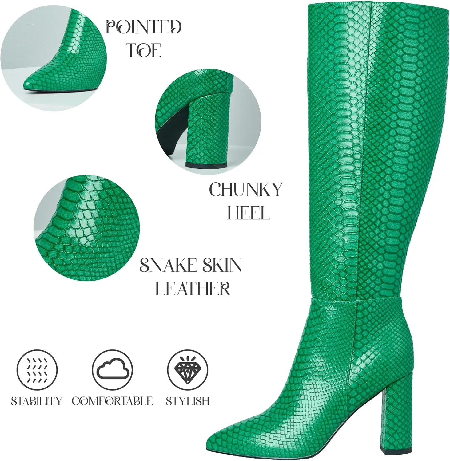 LinnOaks Womens Knee High Boots Round Toe Snake Skin Chunky High Heel Crocodile Slip On Fashion Go Go Boots PU Leather Comfy Casual Party Dress Combat Shoes