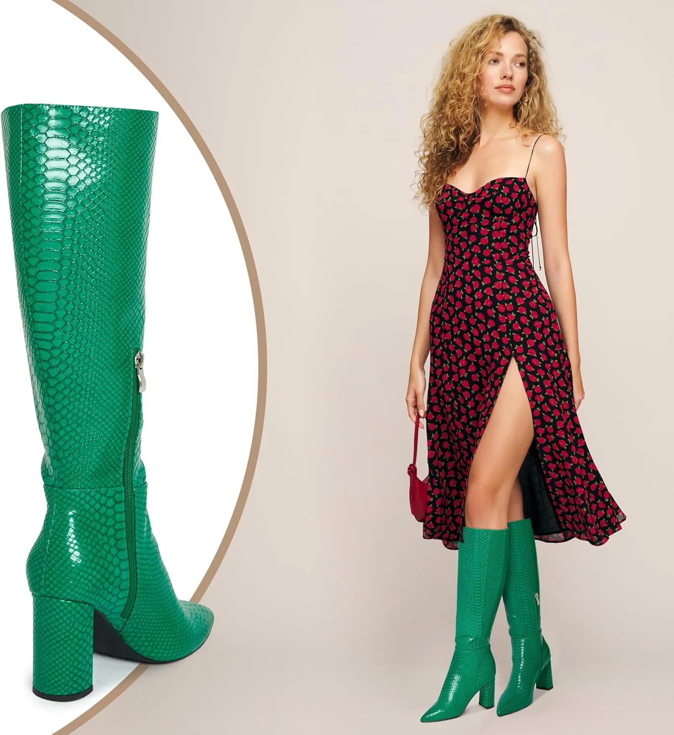 LinnOaks Womens Knee High Boots Round Toe Snake Skin Chunky High Heel Crocodile Slip On Fashion Go Go Boots PU Leather Comfy Casual Party Dress Combat Shoes